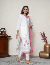 White Handpainted Suit Set with Georgia peach Contrast Dupatta